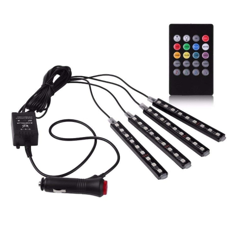 Uz casnic - Set 4 benzi LED RGB pentru interior auto, cu 9 LED-uri pe fiecare banda, telecomanda inclusa, rezistente la apa, plastic si silicon, negre