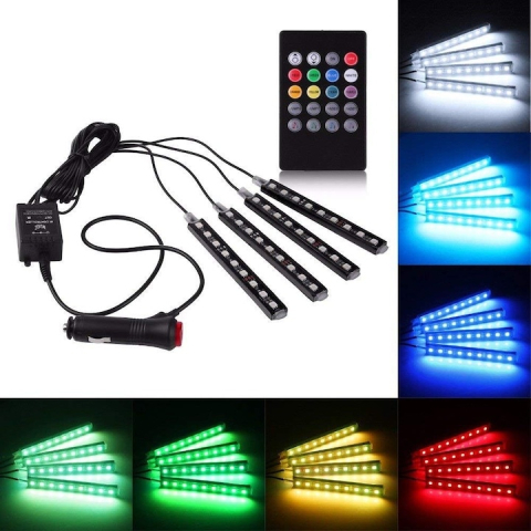 Set 4 benzi LED RGB pentru interior auto, cu 9 LED-uri pe fiecare banda, telecomanda inclusa, rezistente la apa, plastic si silicon, negre [9]