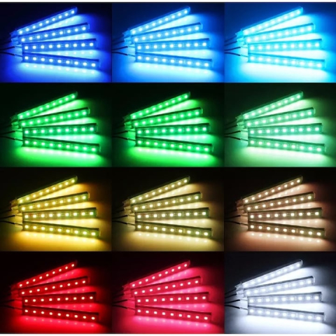 Set 4 benzi LED RGB pentru interior auto, cu 9 LED-uri pe fiecare banda, telecomanda inclusa, rezistente la apa, plastic si silicon, negre [3]