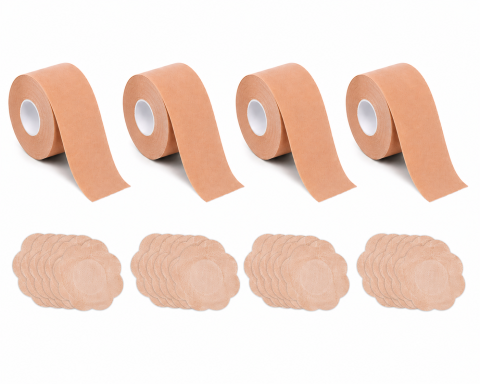Cremă de maini - Set 4 Benzi pentru Ridicare si Sustinere Bust, 4 x 5 m x 5 cm, Elasticitate 180%, Impermeabile, cu 40 Protectii pentru Mameloane Incluse