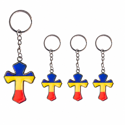 CASA & GRADINA - Set 4 brelocuri argintii 10,3 cm cu cruce tricolor 2,1 x 3,4 cm, port chei metalice din otel inoxidabil Romania pentru femei si barbati, cadou patriotic