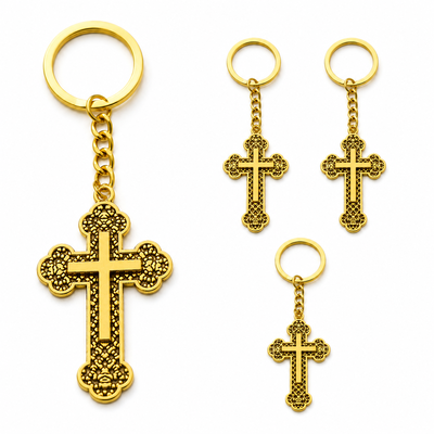 Breloc - Set 4 brelocuri aurii 10,8 cm cu cruce 5,4 x 3,2 cm, port chei crestin din aliaj metalic ornamental pentru femei si barbati sau marturii botez