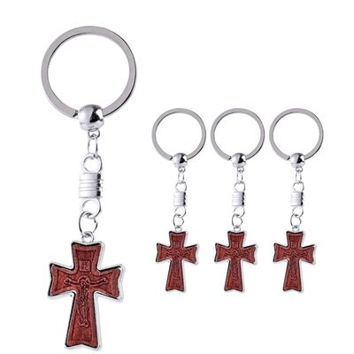 CASA & GRADINA - Set 4 brelocuri crestine maro-argintiu 9.5 cm, cruce 3.5 x 2.2 cm cu imaginea lui Isus incrustata, accesorii religioase cu inel metalic pentru chei, unisex
