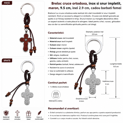 Set 4 brelocuri crestine maro-argintiu 9.5 cm, cruci decorative 4 cm cu fata gravata si spate metalic, margele din lemn, snur textil impletit, inele 2.9 cm [5]