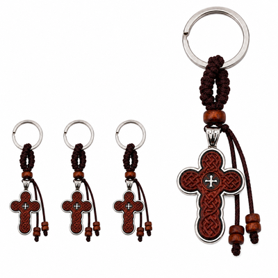 CASA & GRADINA - Set 4 brelocuri crestine maro-argintiu 9.5 cm, cruci decorative 4 cm cu fata gravata si spate metalic, margele din lemn, snur textil impletit, inele 2.9 cm