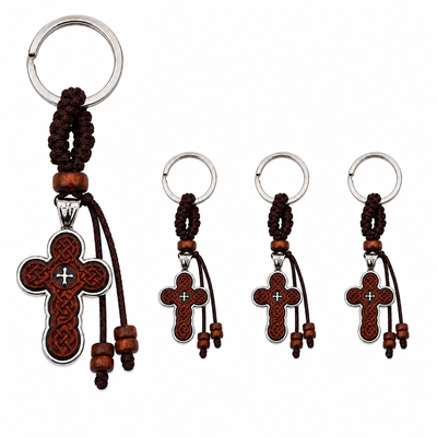 Set 4 brelocuri crestine maro-argintiu 9.5 cm, cruci decorative 4 cm cu fata gravata si spate metalic, margele din lemn, snur textil impletit, inele 2.9 cm [2]
