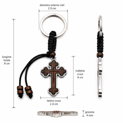 Set 4 brelocuri maro-argintiu 9 cm cu cruce 4 x 2,4 cm, grosime 4 mm, inel 2,9 cm, snur maro inchis, accesorii crestine port chei si marturii botez [4]