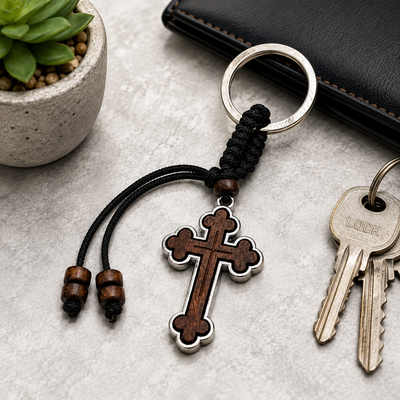 Set 4 brelocuri maro-argintiu 9 cm cu cruce 4 x 2,4 cm, grosime 4 mm, inel 2,9 cm, snur maro inchis, accesorii crestine port chei si marturii botez [5]
