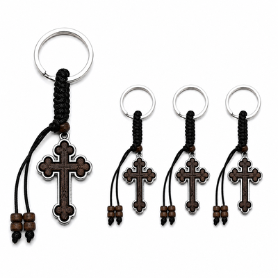CASA & GRADINA - Set 4 brelocuri maro-argintiu 9 cm cu cruce 4 x 2,4 cm, grosime 4 mm, inel 2,9 cm, snur maro inchis, accesorii crestine port chei si marturii botez