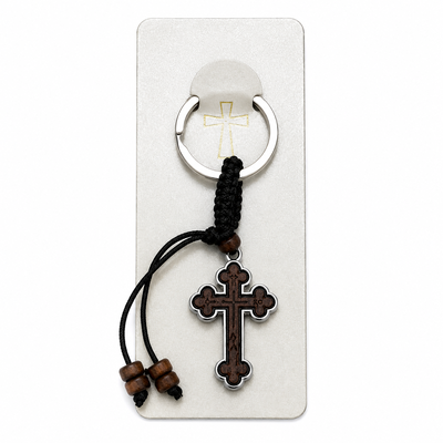 Set 4 brelocuri maro-argintiu 9 cm cu cruce 4 x 2,4 cm, grosime 4 mm, inel 2,9 cm, snur maro inchis, accesorii crestine port chei si marturii botez [3]