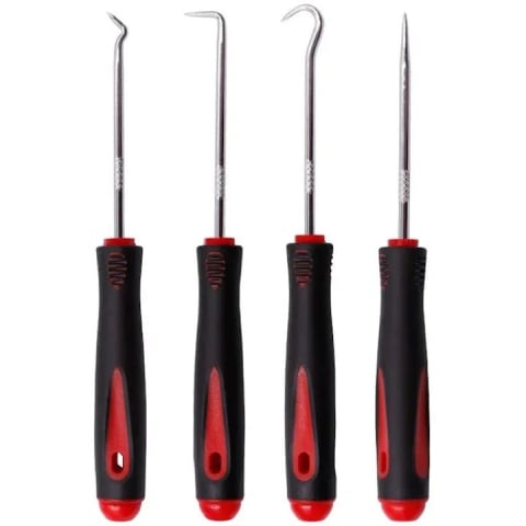 Diverse Unelte - Set 4 carlige universale pentru etansari si inele, pentru tragere si manipulare elemente de cauciuc, otel si PP, varfuri magnetizate, 16 cm, negru/rosu