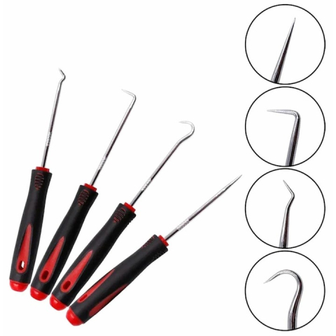 Set 4 carlige universale pentru etansari si inele, pentru tragere si manipulare elemente de cauciuc, otel si PP, varfuri magnetizate, 16 cm, negru/rosu [4]