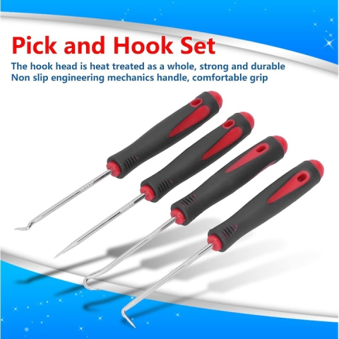 Set 4 carlige universale pentru etansari si inele, pentru tragere si manipulare elemente de cauciuc, otel si PP, varfuri magnetizate, 16 cm, negru/rosu [8]