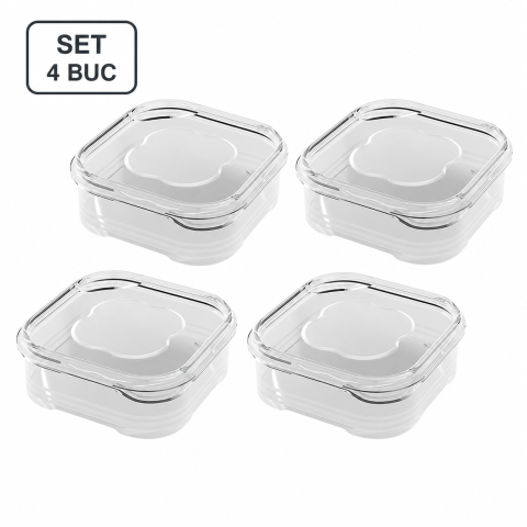 CASA & GRADINA - Set 4 caserole alimentare etanse 350 ml, recipiente reutilizabile din plastic transparent, cutii pentru pastrarea alimentelor in frigider, 12 x 12 x 4.5 cm