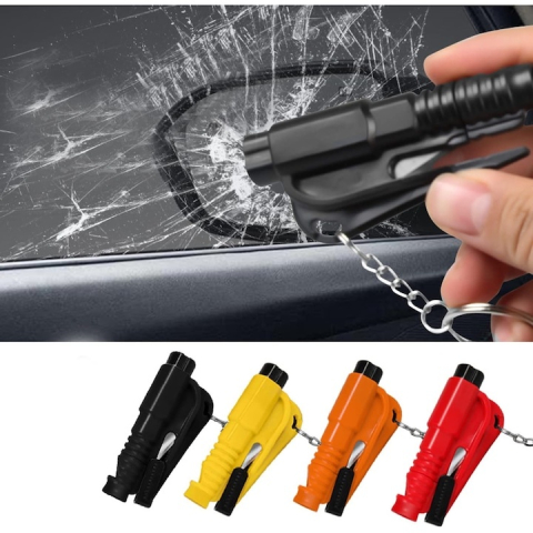 Set 4 ciocane siguranta auto spargere geam si taiere centura, tungsten si aluminiu, breloc, negru rosu galben portocaliu [4]
