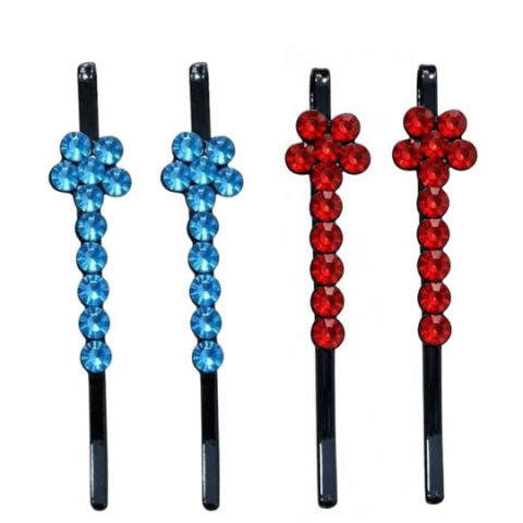 Set 4 clame par albastru si rosu 5 x 1 cm cu pietre artificiale, model floral, accesorii elegante pentru fixarea suvitelor si decorarea coafurilor [2]