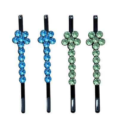 CASA & GRADINA - Set 4 clame par bleu si verde deschis 5 x 1 cm cu pietre artificiale, 2 bleu si 2 verde deschis, model floral, accesorii decorative pentru coafuri