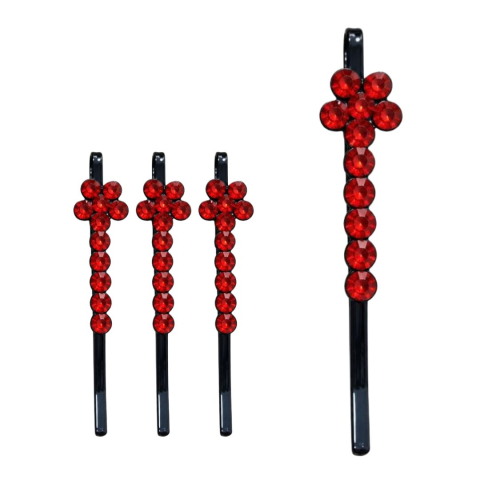 Set 4 clame par rosu 5 x 1 cm cu pietre decorative, model floral stralucitor, accesorii pentru coc, suvite si coafuri de ocazie [2]