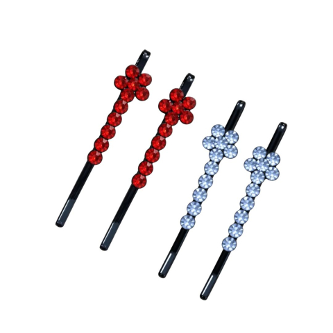 CASA & GRADINA - Set 4 clame par rosu si albastru deschis 5 x 1 cm cu pietre artificiale, 2 rosii si 2 albastru deschis, model floral pentru suvite, coc si coafuri