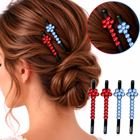 Set 4 clame par rosu si albastru deschis 5 x 1 cm cu pietre artificiale, 2 rosii si 2 albastru deschis, model floral pentru suvite, coc si coafuri [2]