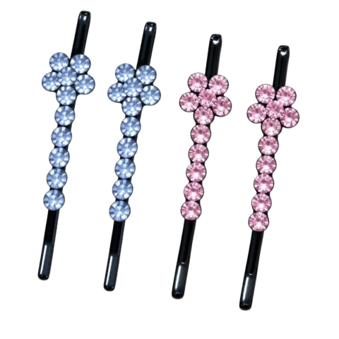 CASA & GRADINA - Set 4 clame par roz si albastru deschis 5 x 1 cm cu pietre decorative, 2 roz si 2 albastru deschis, model floral, accesorii pentru coafuri si suvite