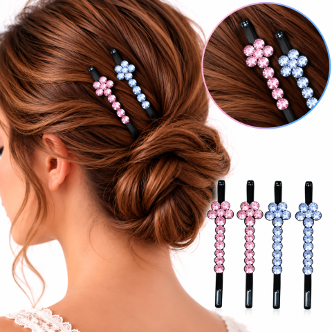 Set 4 clame par roz si albastru deschis 5 x 1 cm cu pietre decorative, 2 roz si 2 albastru deschis, model floral, accesorii pentru coafuri si suvite [1]