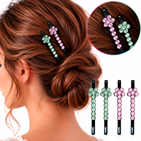 Set 4 clame par verde deschis si roz 5 x 1 cm cu pietre artificiale, 2 verzi si 2 roz, model floral, accesorii pentru suvite, coc si coafuri [2]