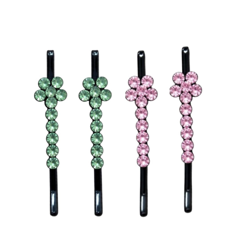 CASA & GRADINA - Set 4 clame par verde deschis si roz 5 x 1 cm cu pietre artificiale, 2 verzi si 2 roz, model floral, accesorii pentru suvite, coc si coafuri