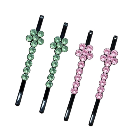 Set 4 clame par verde deschis si roz 5 x 1 cm cu pietre artificiale, 2 verzi si 2 roz, model floral, accesorii pentru suvite, coc si coafuri [1]
