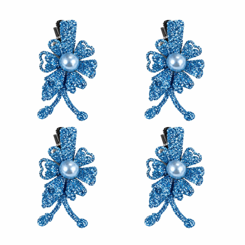 CASA & GRADINA - Set 4 cleme de par bleu 5 x 2 cm, model floral metalizat, accesorii chic pentru par, prindere sigura pentru coafuri