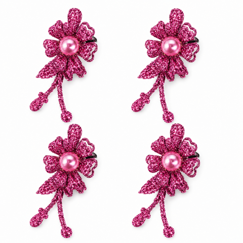 CASA & GRADINA - Set 4 cleme de par roz 5 x 2 cm, model floral metalizat, accesorii decorative pentru coafuri, fixare confortabila