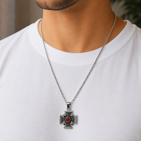 Set 4 coliere argintii 29 cm cu pandantiv cruce Ierusalim 2,3 x 2,3 cm, lant metalic unisex, inscriptie Jerusalem, accesorii crestine pentru botez [4]