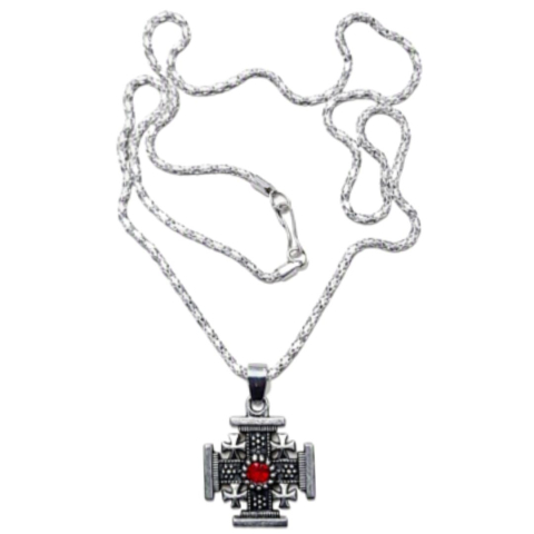 Set 4 coliere argintii 29 cm cu pandantiv cruce Ierusalim 2,3 x 2,3 cm, lant metalic unisex, inscriptie Jerusalem, accesorii crestine pentru botez [2]