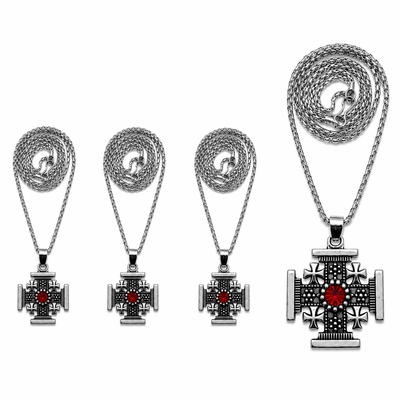CADOURI - Set 4 coliere argintii 29 cm cu pandantiv cruce Ierusalim 2,3 x 2,3 cm, lant metalic unisex, inscriptie Jerusalem, accesorii crestine pentru botez