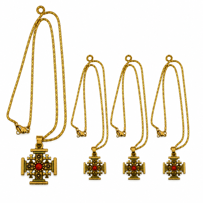 CADOURI - Set 4 coliere aurii 42 cm cu pandantiv Crucea Ierusalimului 23 x 23 mm, metal dubla fata, detaliu rosu, accesorii crestine unisex, marturii botez