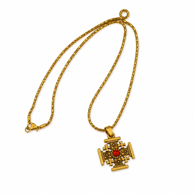 Set 4 coliere aurii 42 cm cu pandantiv Crucea Ierusalimului 23 x 23 mm, metal dubla fata, detaliu rosu, accesorii crestine unisex, marturii botez [1]
