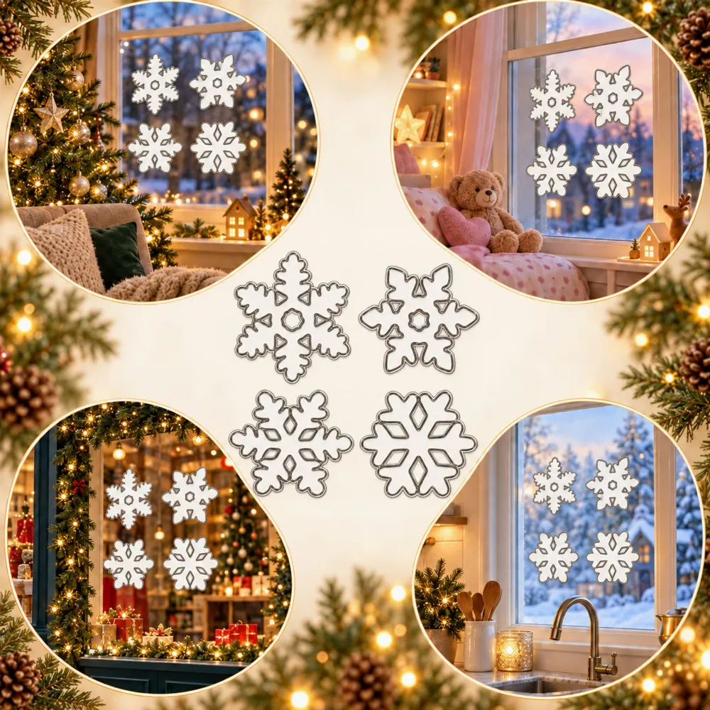 Set 4 Decoratiuni Craciun pentru Geam Alb cu Contur Argintiu, Fulgi de Zapada, Stickere Decorative [6]