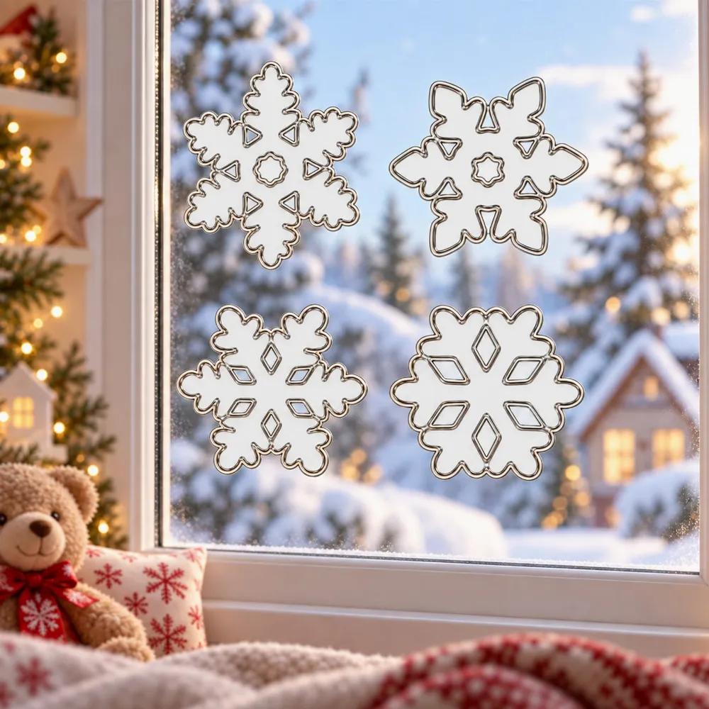 Set 4 Decoratiuni Craciun pentru Geam Alb cu Contur Argintiu, Fulgi de Zapada, Stickere Decorative [4]