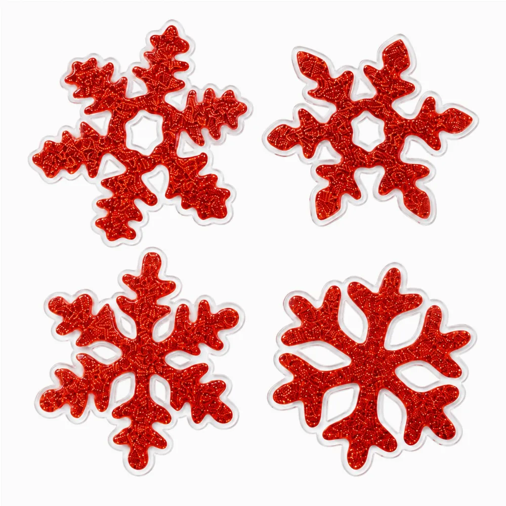 Craciun - Set 4 Decoratiuni Craciun pentru Geam Rosu cu Sclipici, Fulgi de Zapada Glitter, Stickere Decorative