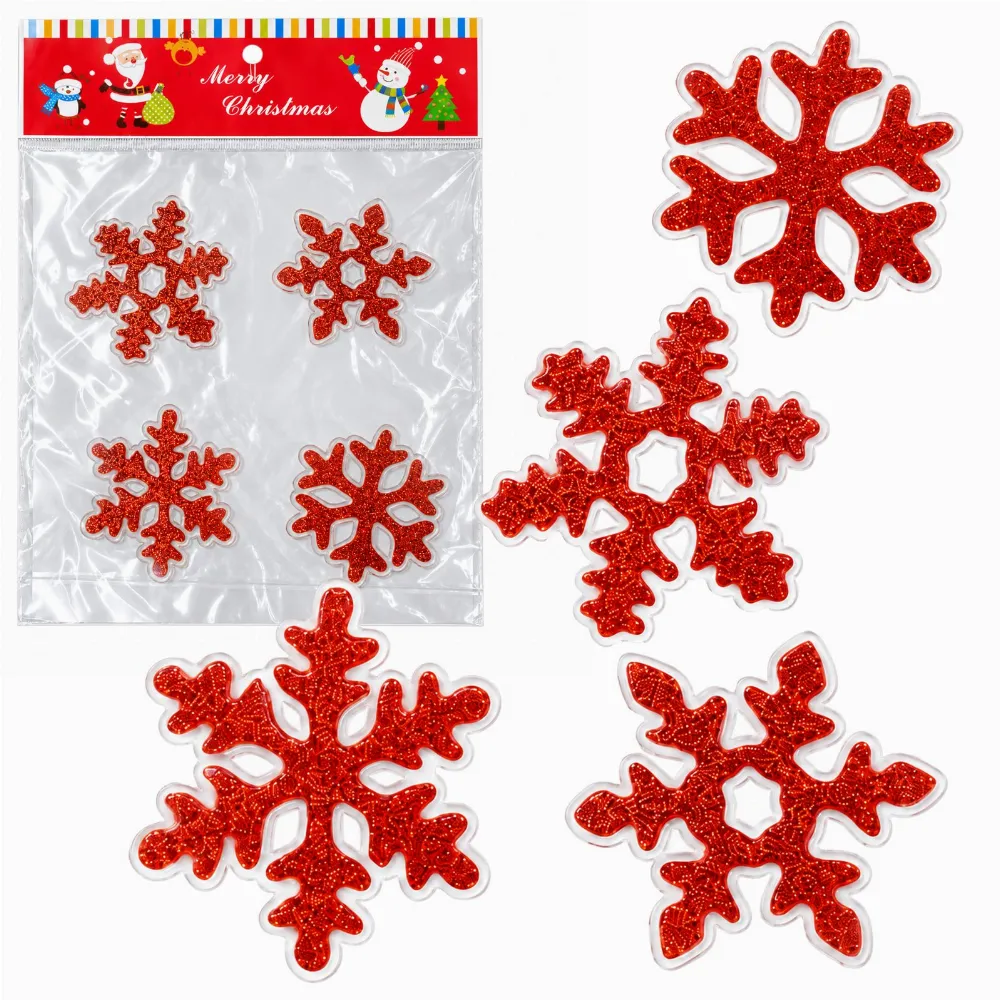 Set 4 Decoratiuni Craciun pentru Geam Rosu cu Sclipici, Fulgi de Zapada Glitter, Stickere Decorative [2]