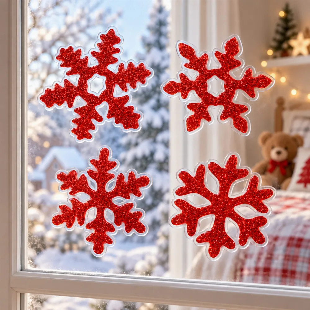 Set 4 Decoratiuni Craciun pentru Geam Rosu cu Sclipici, Fulgi de Zapada Glitter, Stickere Decorative [4]