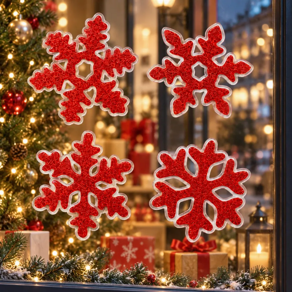 Set 4 Decoratiuni Craciun pentru Geam Rosu cu Sclipici, Fulgi de Zapada Glitter, Stickere Decorative [5]