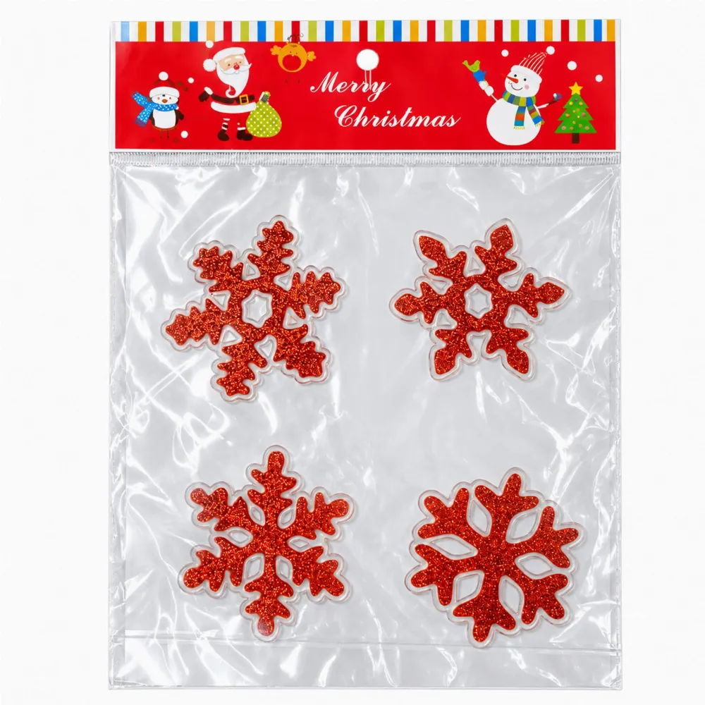 Set 4 Decoratiuni Craciun pentru Geam Rosu cu Sclipici, Fulgi de Zapada Glitter, Stickere Decorative [1]