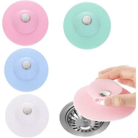 Diverse bucatarie - Set 4 dopuri universale pentru chiuveta, Silicon, 10 cm, Alb/Roz/Verde/Albastru
