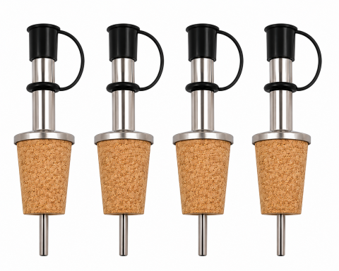 Diverse bucatarie - Set 4 dopuri universale pentru sticle, 9.2 x 2.3 cm, inox cu pluta naturala, turnare precisa pentru bauturi, ulei si siropuri