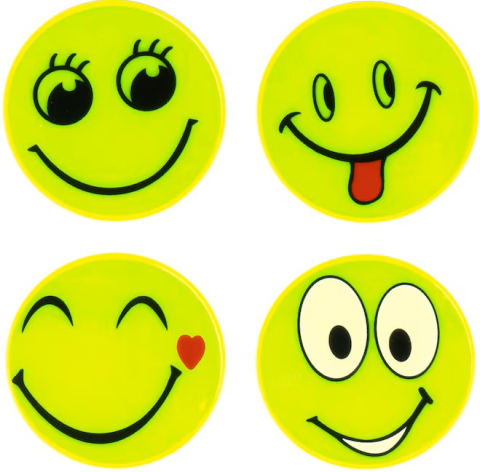 CASA & GRADINA - Set 4 insigne reflectorizante galben neon, model Smiley, accesorii de vizibilitate pentru ghiozdan, rucsac, geanta si imbracaminte