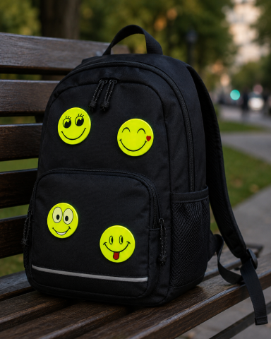 Set 4 insigne reflectorizante galben neon, model Smiley, accesorii de vizibilitate pentru ghiozdan, rucsac, geanta si imbracaminte [2]