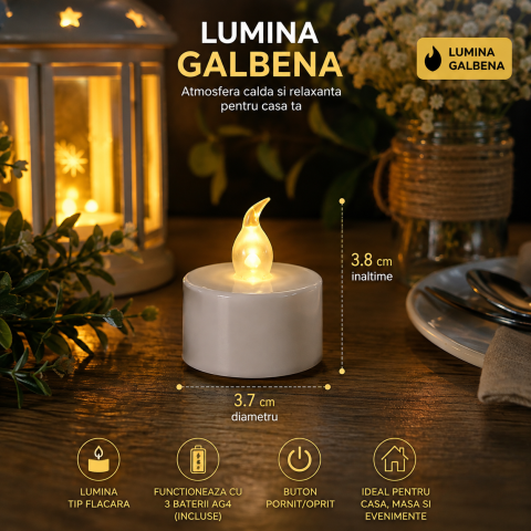 Set 4 lumanari decorative LED albe 3.7 x 3.8 cm, lumina galbena, flacara din plastic transparent, baterii AG4 incluse, pentru petreceri si decor interior [3]