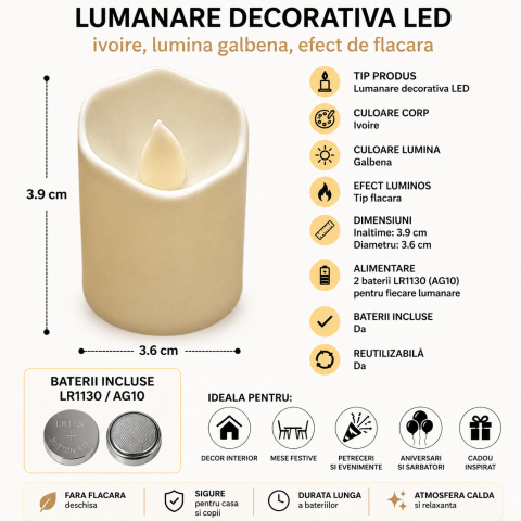 Set 4 lumanari decorative LED ivoire 3.9 x 3.6 cm, lumina galbena tip flacara, 8 baterii LR1130 AG10 incluse, pentru amenajare casa, mese si evenimente [1]