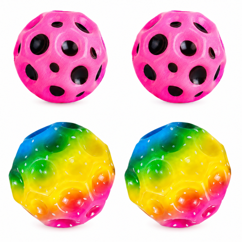 JOCURI ȘI JUCĂRII - Set 4 mingi antistres roz si multicolor 6 cm, 2 roz + 2 multicolor, jucarii senzoriale din poliuretan moale, saltarete pentru relaxare, joaca si stimulare tactila